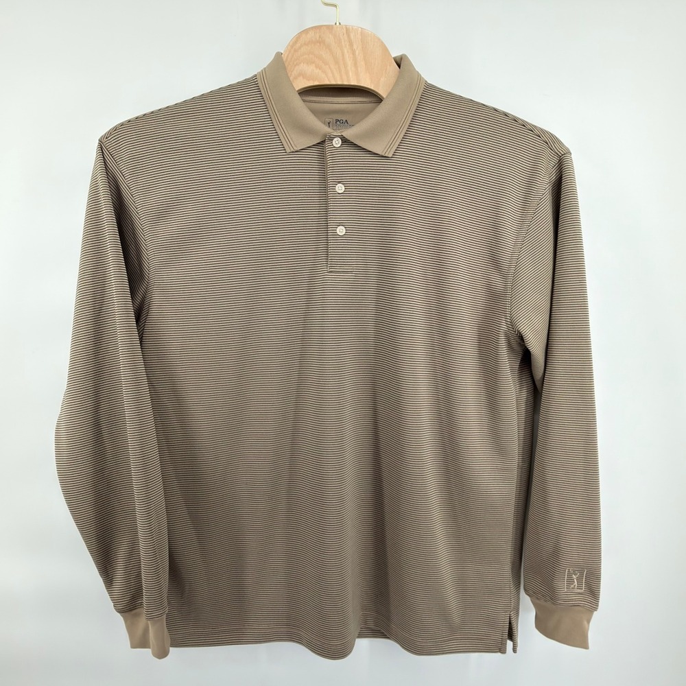 PGA Tour Golf Polo Shirt Mens XL Tan Striped Long Sleeve Performance Polyester